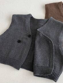 2pcs Toddler Baby Boy Casual Outfit, Charcoal Knitted Cardigan Vest & Pants Set, Comfortable For Autumn/Winter - Dark Grey - View 6