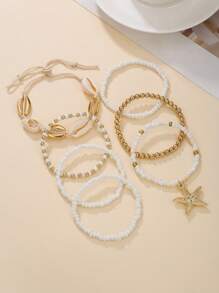 7pcs/Set Ocean Style Shell, Glass Bead, CCB, Zinc Alloy Starfish Pendant Beaded Bracelet Set, Suitable For Women Everyday And Beach Wear