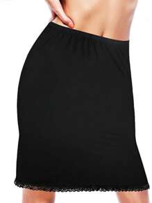 1 pièce/2 pièces Jupon mi-long unicolore pour femmes avec bordure en dentelle délicate, taille élastique, sous-vêtements pour dames et jupon moulant [Tissu modal de haute qualité]