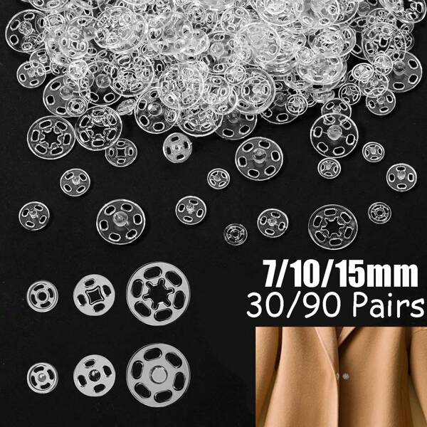 30/90 pares de broches a presión de plástico redondos y transparentes para coser, botones a presión invisibles para costura, manualidades y ropa DIY
