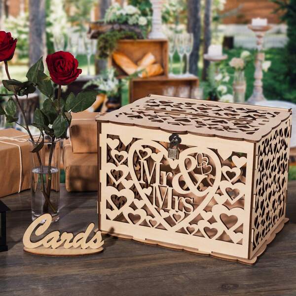 1 pièce Boîte à argent de mariage avec logo, grande boîte à cadeau en bois rustique DIY avec fente pour enveloppe et serrure, pour réception, anniversaire, remise de diplôme, fête