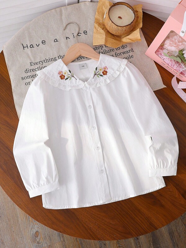 Tween Girl Campus Style Floral Embroidered Single-Breasted Blouse
