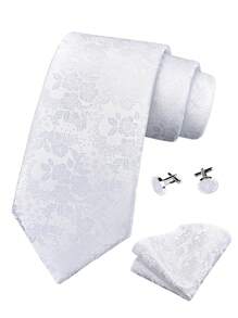 3pcs/Set Men's 8cm White Floral Pattern Necktie, Pocket Square And Cufflinks Set, High Quality Classic Fashion Business Casual Tie Set, Men's Wedding Accessories, Christmas/Party Gift