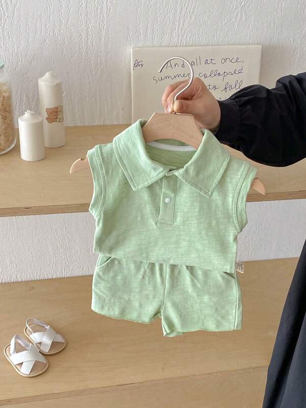 Toddler/Kids Summer Outfit Set - Korean Style Sleeveless Polo Shirt Top And Shorts 2Pcs Set