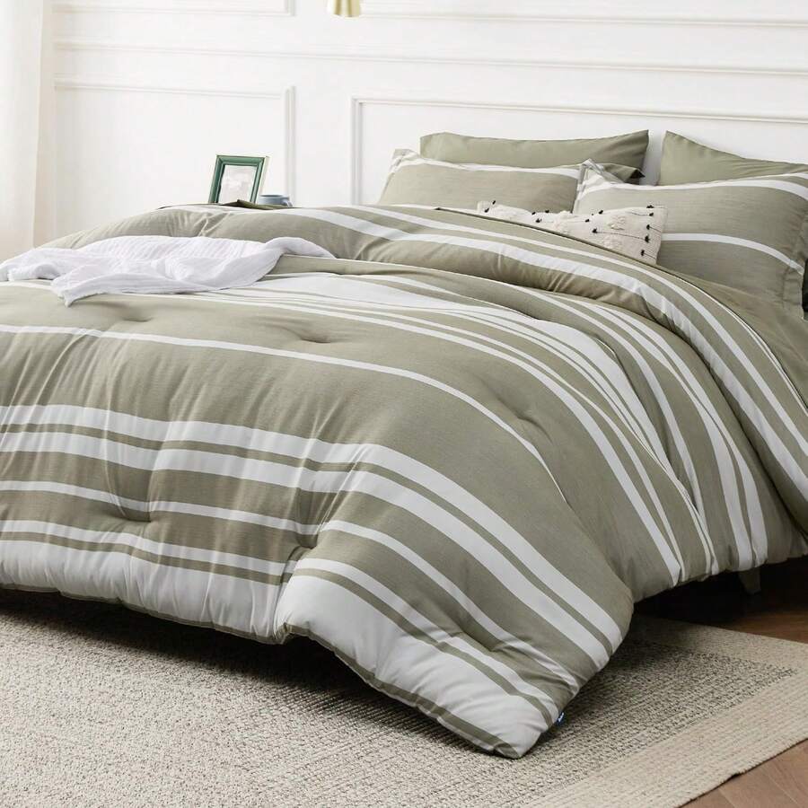 Queen Comforter Set 7 Pieces, Olive Green Striped Bedding Set For Queen Size Bed Reversible, Cationic Dyeing Bed In A Bag With Comforter, Sheets, Pillowcases & Shams - Green - View 1