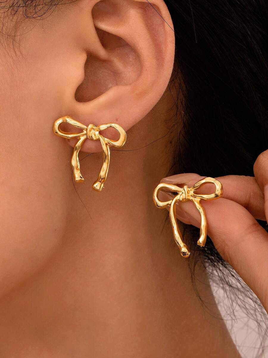 1 Cặp Hoa tai đính nơ thời trang & thanh lịch mới dành cho phụ nữ, thích hợp để đeo hàng ngày, món quà tuyệt vời nhất cho bạn bè - Vàng - Xem 1