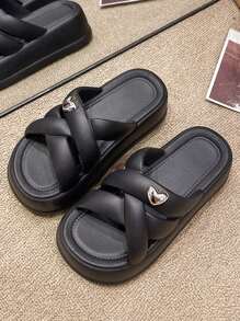 Damen weiche EVA leichte bequeme flache Plateau-Riemen-Slip-On-Pantoffeln, 6cm hohe Sohle, lässige Sommer-Strand-Slide-Sandalen