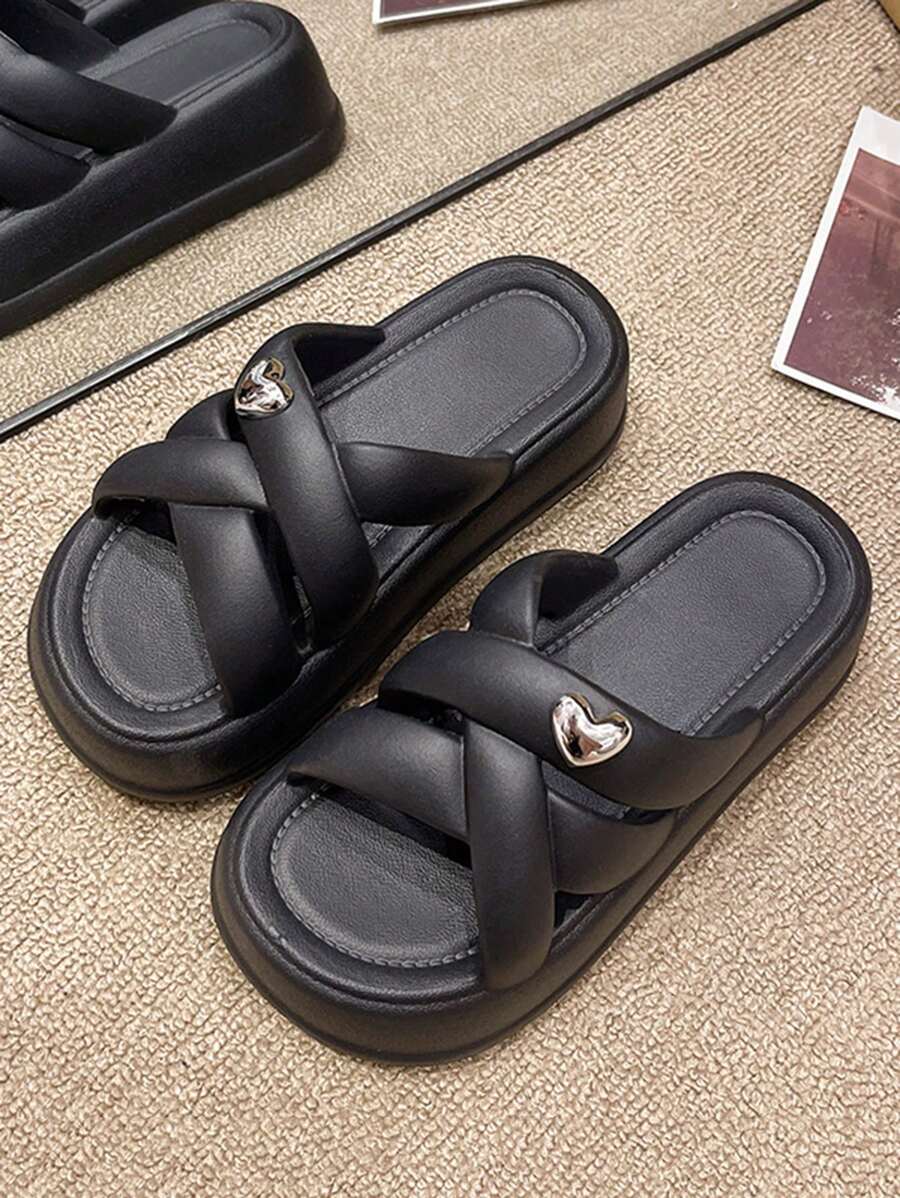 Damen weiche EVA leichte bequeme flache Plateau-Riemen-Slip-On-Pantoffeln, 6cm hohe Sohle, lässige Sommer-Strand-Slide-Sandalen