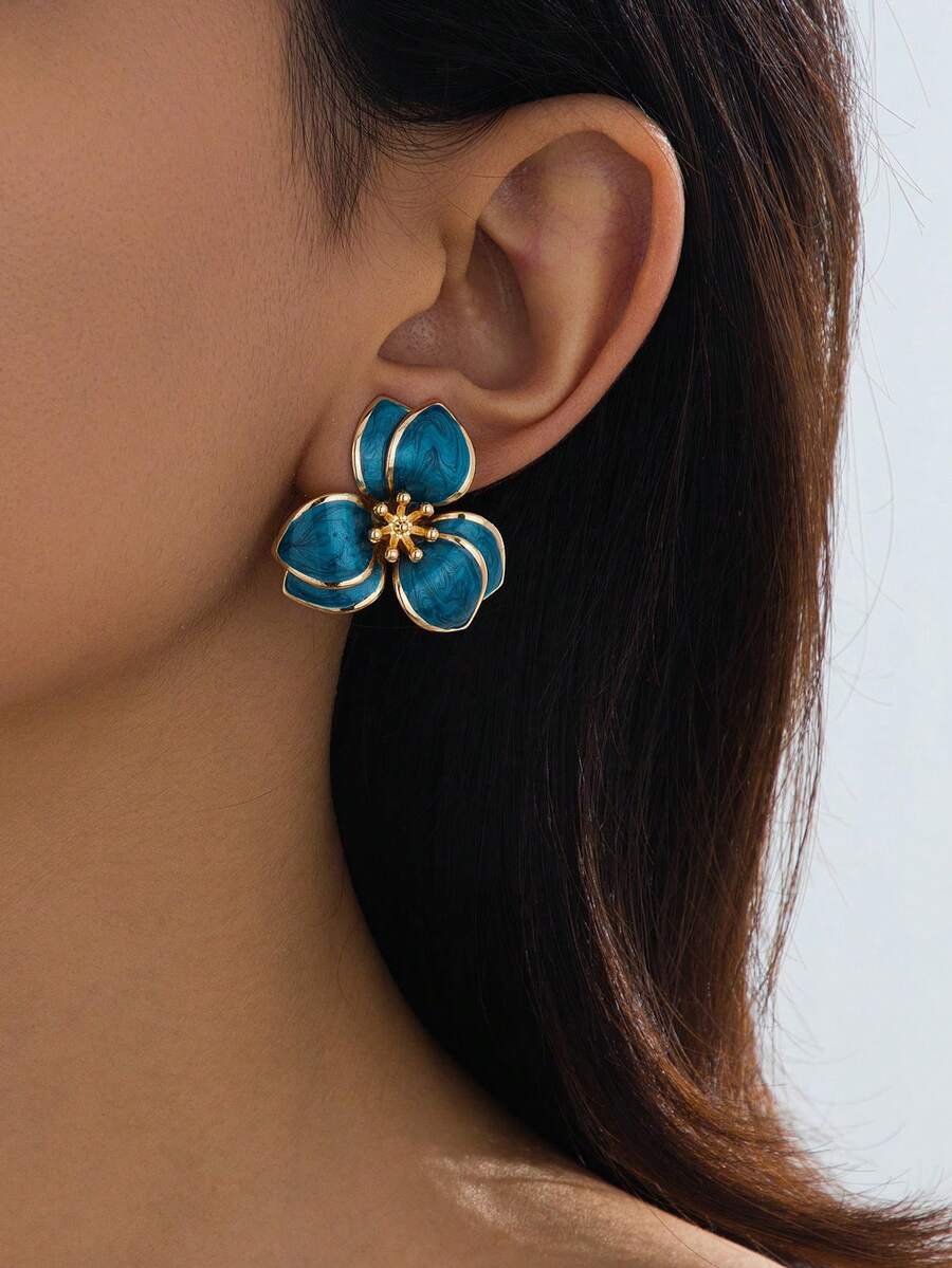 1 对迷人蓝色珐琅花卉耳钉，适合旅行和度假夏季佩戴 - 藍色 - 查看 1