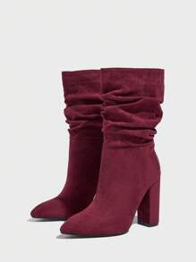 女式黑色亮石纹理皮革靴，尖头粗跟中筒靴，秋冬 - 酒紅色 - 查看 5