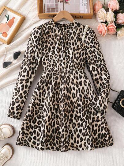 Robe mi-longue à col rond à manches longues avec imprimé léopard, style personnalisé et élégant pour le printemps et l'automne, vêtement de loisirs confortable pour les adolescentes, convient pour un usage quotidien, la randonnée, les voyages