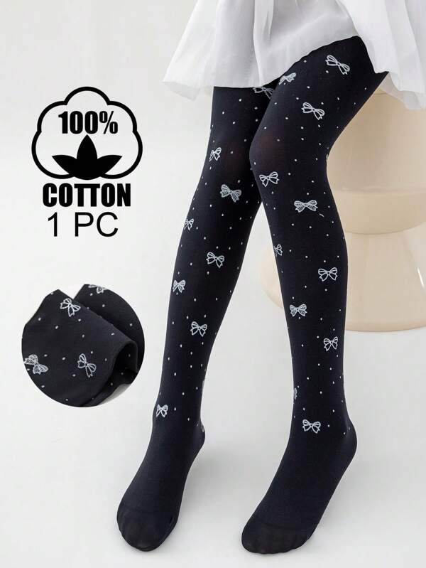1pc Girls' Black Solid Color Cartoon Bow Print Dance Tights