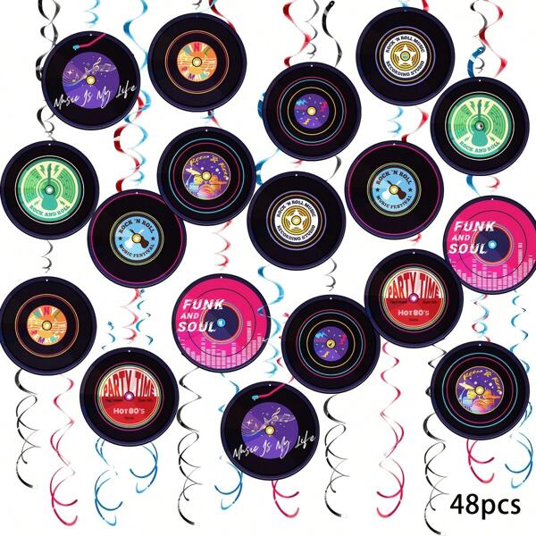 48 piezas de decoraciones colgantes en espiral con temática de discos de vinilo - Diseños coloridos de rock y soul para cumpleaños, bodas, fiestas de los 70, 80 y 90, Pascua, graduación, Navidad, Halloween - Decoración de techo de papel con tema de música retro, decoración de techo para fiesta | Decoración de eventos vibrante | Decoración de fácil instalación, decoración musical
