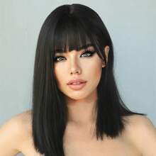 Peluca sintética femenina, medio y largo pelo liso, simulación de cabello, extremo de un cuchillo, seda negra de alta temperatura, cubierta de cabeza completa 4FJM - 791-negro - Ver 1