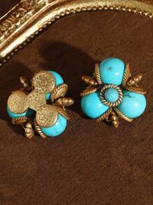 2pcs Vintage Antique Bronze Plated 18K Gold Clover Faux Agate Glass Pearl Green Turquoise Beaded Dangle Earrings