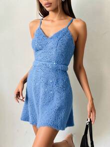 Vestido sensual sexy corto tejido suave fur pelo dama mujer elegante tirantes delgados escote V día noche evento cocktail fiesta cómodo corte cintura bajo amplio semicircular calor día noche cumpleaños festival playa vacaciones - Azul - Ver 2