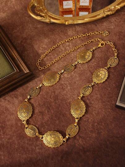 1pc Ladies' Bohemian & Western Style Carved Flower & Geometric Pattern Vintage Waist Chain, Casual And Fashionable, Gold Color Boho