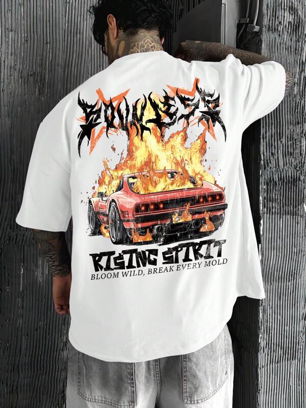 Men's Casual Flame Race Car Graphic Loose Fit Round Neck White T-Shirt, Street Fashion