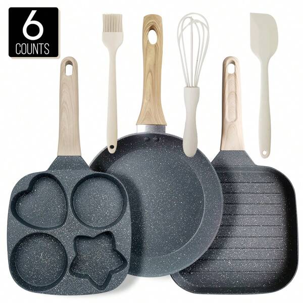 ABKOK Conjunto de Panelas Antiaderentes (1 Peça/6 Peças Opcional) - Frigideira + Frigideira de Café da Manhã + Frigideira de Bife + Utensílios de Silicone, Adequado para Todos os Fogões! Conjunto de Utensílios de Cozinha Antiaderentes e Resistentes ao Calor (Única/Conjunto Opcional), Multiuso para Fritura, Salteado, Fervura