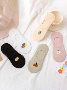 5 Pares (Cores Aleatórias) Meias Invisíveis de Silicone Respiráveis Estilo Japonês com Desenhos de Vegetais de Verão, Meias Finas e Baixas Doces para Mulheres