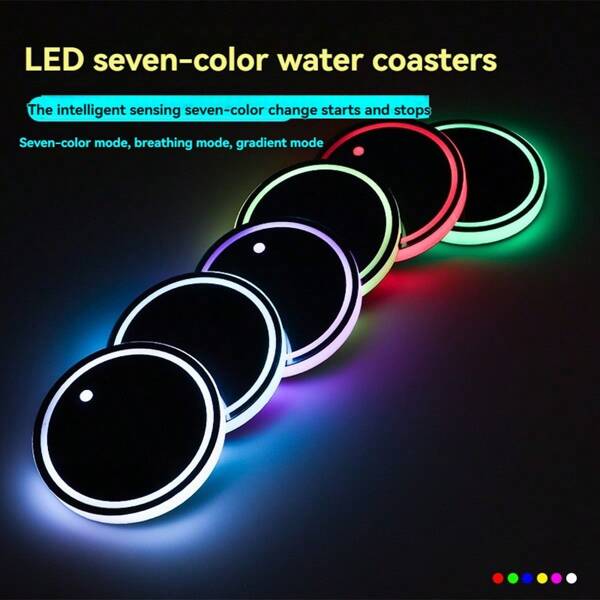 1pc 7-Color LED Acrylic Car Cup Holder Mat, Sensor Lighting + Color Changing, USB Charging, Interior Decor Atmosphere Light, Fits All Vehicle Cup Holders/Door Slots