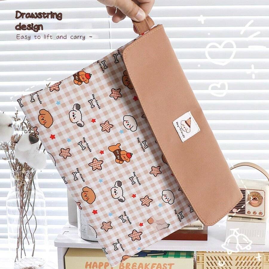 2025新款夏季可爱格子狗纽扣文件夹袋，便携式A4学习用品收纳袋，学校用品，返校