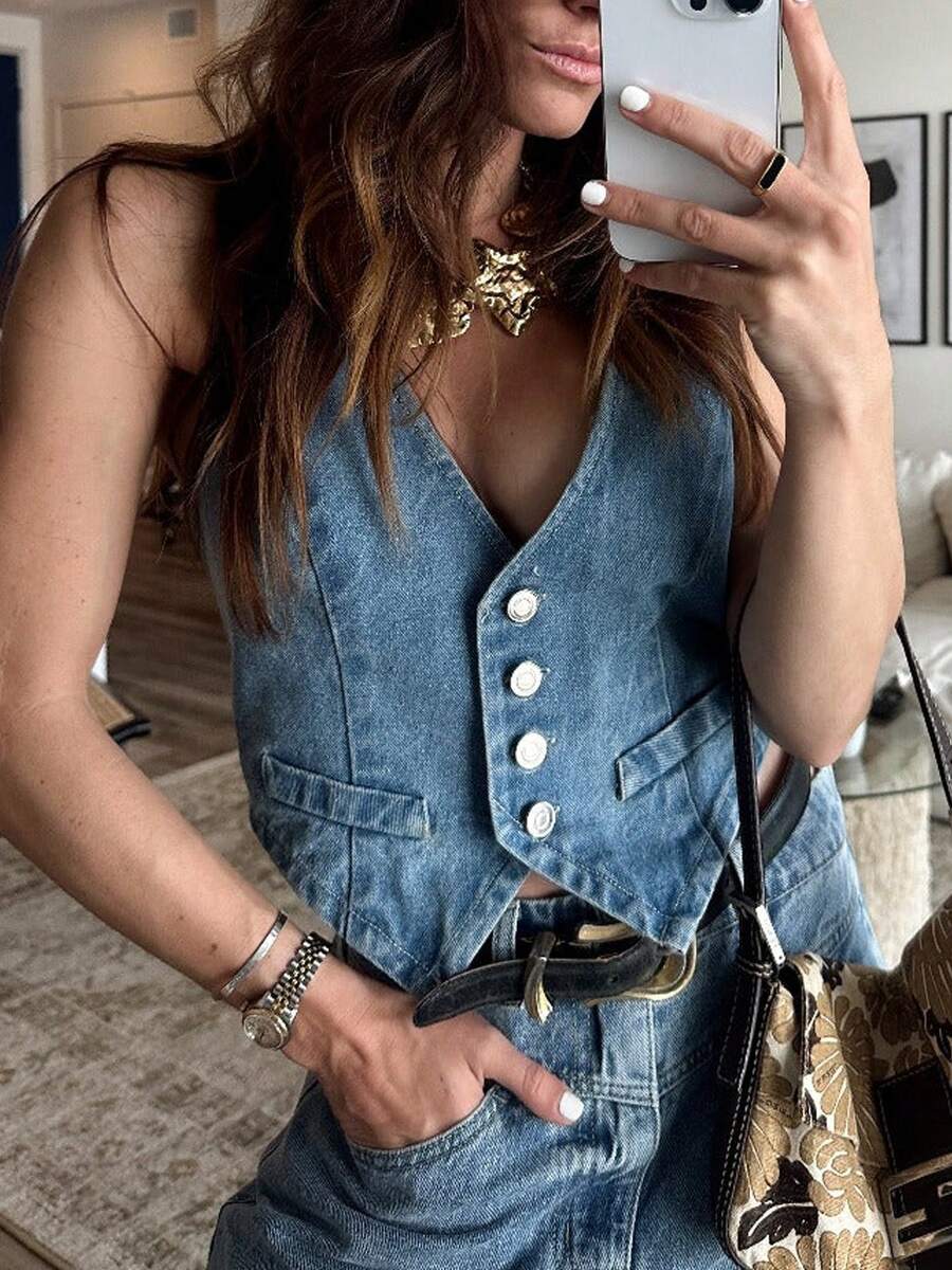 Women Vintage Y2K Denim Vest Sleeveless V Neck Button Down Crop Jean Waistcoat Vest Slim Fit Retro Streetwear Going Out Tank Top - Màu xanh lam - Xem 1