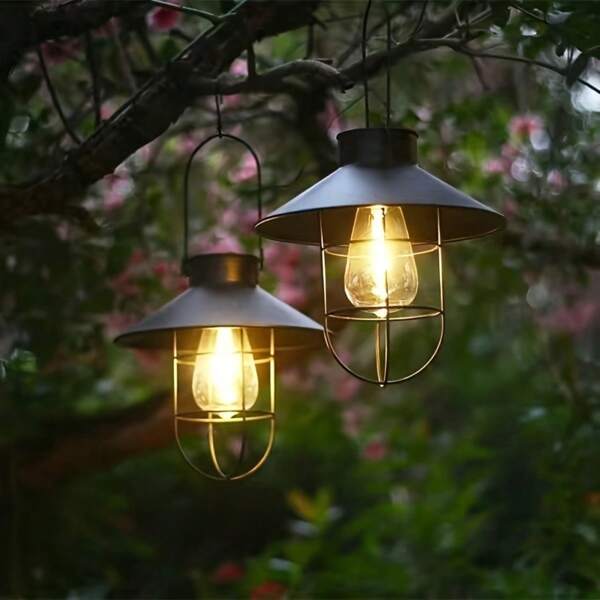 1 pieza Lámpara colgante con arte de hierro y energía solar, lámpara de paisaje de jardín, lámpara colgante para decoración de patio y balcón, decoración de jardín con energía solar