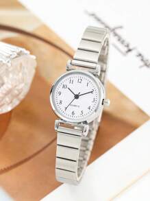 1 pieza Reloj de cuarzo analógico de malla plateada de moda simple para mujer, adecuado para uso diario y como regalo