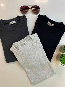 Kit Of 3 Basic Women's Ribbed Ribbed Cotton Knit Blouses, Short Sleeve, Versatile, Assorted Colors - 彩色 - 查看 6
