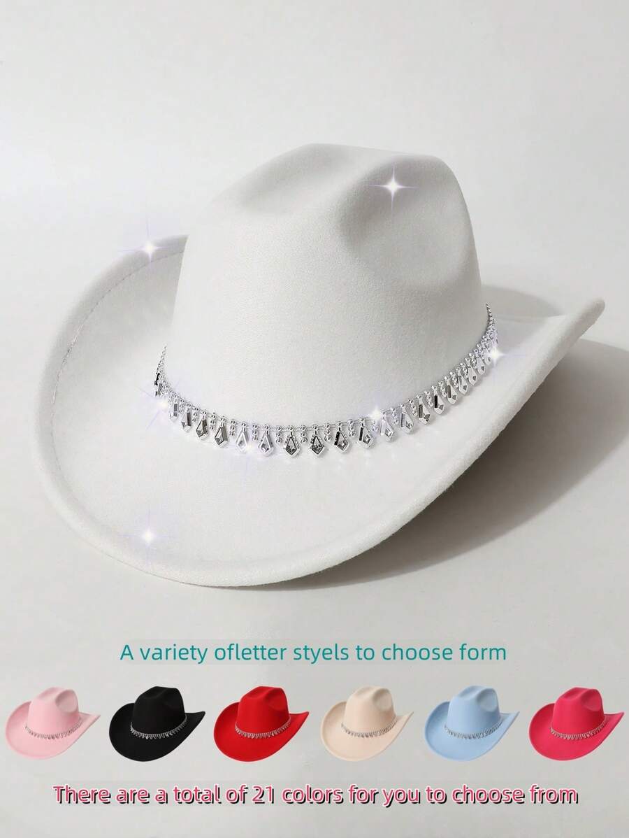 1 Peça Chapéu de Feltro Unissex, Chapéu de Feltro de Lã de Cor Sólida e Plano na Parte Superior com Decoração de Cinto em Formato de Diamante, Chapéu de Cowboy Ocidental Estiloso, Adequado para Noiva, Apresentação, Festa, Uso Externo, Todas as Estações