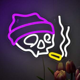 1 pièce Enseigne au néon LED lumineuse style crâne cool à porter en chapeau pour la décoration de la maison, fête d'Halloween, salle, café, bar 25cm*18,5cm