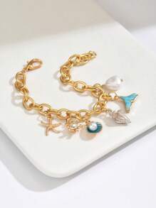 1pc Summer Fashion Vacation Blue Oil-Drop Shell Starfish Bracelet For Women, Delicate Personalized Bracelet Fit For Daily Wear, Beach, Ocean
