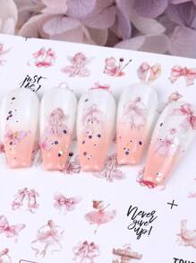 12 designs/pièces Autocollants d'eau pour ongles avec motifs de filles de bandes dessinées. Nœuds, rose, abricot, gâteau, rouge à lèvres, cosmétiques, poupée, ours, lapin, cygne, chien, design romantique. Décalcomanies kawaii à transfert par l'eau pour décoration d'ongles