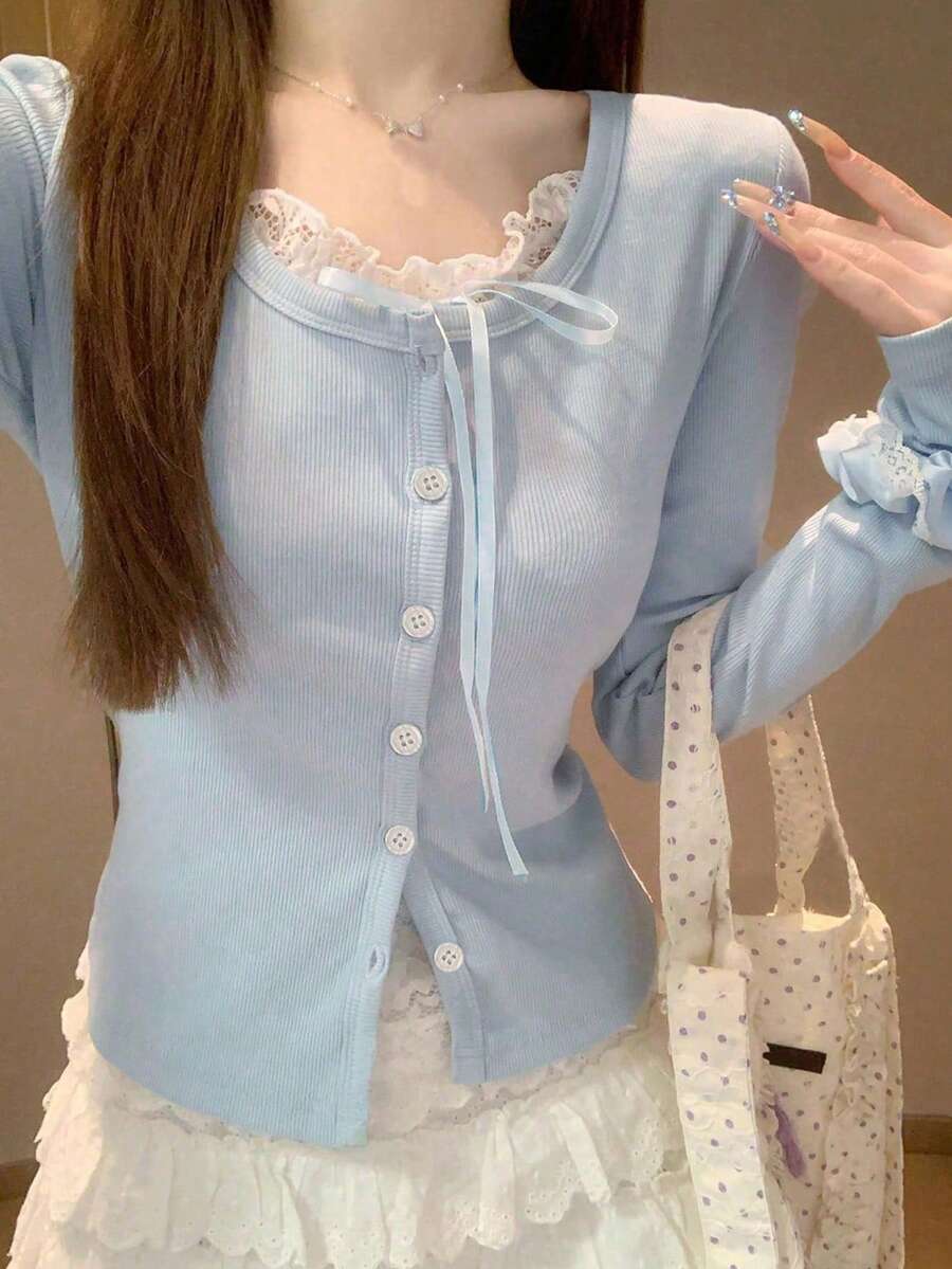 韩版纯蕾丝拼接单排扣长袖T恤上衣,女士款,随机翻边休闲春季款 - 淺藍色 - 查看 1