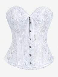 Corset Overbust Bustier, Classic Corset Shapewear Strapless Sweet Fitted Boned Bodysuit, Ruffle Trim Waist Cincher Backless Corset Top, Suitable For Masquerade, White Evening Gown, Wedding Dress