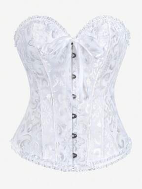 Corset Overbust Bustier, Classic Corset Shapewear Strapless Sweet Fitted Boned Bodysuit, Ruffle Trim Waist Cincher Backless Corset Top, Suitable For Masquerade, White Evening Gown, Wedding Dress