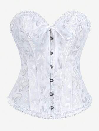 束胸衣，经典束胸衣，无肩带，甜美合身，有骨紧身衣，荷叶边腰部束腰露背束胸衣上衣，适合化妆舞会、白色晚礼服、婚纱