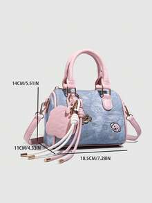 复古荔枝纹 PU 保龄球包，休闲手提包单肩包斜挎包枕头包，适合秋冬季上班通勤 - 藍色 - 查看 5