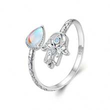 WOSTU 1 pièce Bague d'ouverture en argent sterling 925 Main de Fatima Lucky avec Moonstones arc-en-ciel en forme de larme. Bague empilable, bijoux pour une fête, cadeau