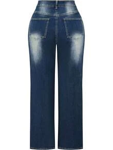 THUNDER Womens High Waisted Wide Leg Jeans Stretchy Distressed Pants - N Blue - View 2