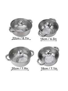 Batería cocina 4 piezas set cacerolas y sartén acero inoxidable utensilios comedor hogar resistente distribución calor uniforme compatible estufa horno diseño elegante - Plateado - Ver 2