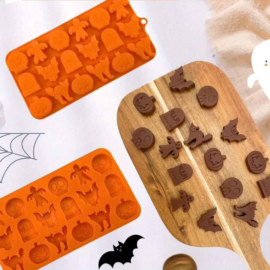 1pc Halloween Silicone Chocolate Moulds, 18 Cavity Pumpkin, Cat, Ghost, Bat, Skull, Tombstone Shapes Baking Molds For DIY Fondant, Chocolate, Candy, Jelly, Pastry Cake Decorating Tools, Soap, Candle Mold