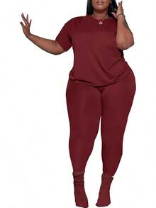 Women's Plus Size 2 Piece Outfits Tracksuits Short Sve Top Pants Sets Sweatsuits - Burgundy - View 1