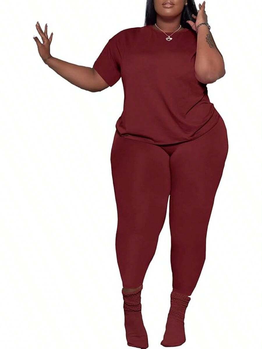 Women's Plus Size 2 Piece Outfits Tracksuits Short Sve Top Pants Sets Sweatsuits - Burgundy - View 1