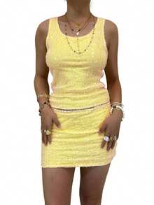 Women's .Y 2 Pieces Outfits Sequin Sparlle Glitter Crop Tank Top Bodycon Mini Skirt Set For Party Night Out Dating - Yellow - View 1