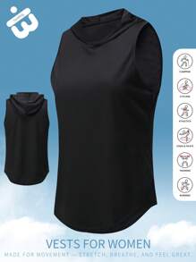 1pc Women's Hooded Sports Tank Top, Sleeveless Design Made Of Lightweight Breathable Mesh Fabric With Smooth Curved Back Hem, Suitable For Weekend Beach Getaways, Holiday Travel, Gym Workouts, Running, Yoga, Hiking And Versatile Everyday Wear