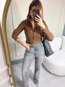 Knitted Cropped Cardigan Jacket With Ribbed Fashion Zipper - 查看 3