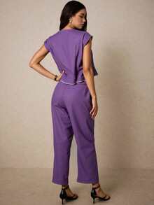 conjunto dos piezas PANTALON  Liso    Casual    Botón delantero  Bolsillo  Botón    Oficina - Lila Púrpura - Ver 2