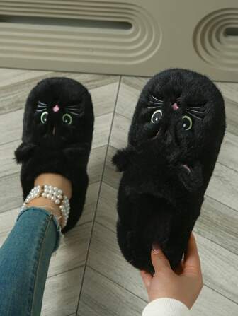 Pantuflas de felpa con diseño lindo de gato, pantuflas cómodas y adorables para usar en casa. Pantuflas de interior de felpa con gato bordado en blanco y negro